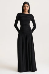 Aniyah | Black High-Neck Maxi Dress With Ruched Detailing