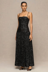 Allora | Black Sequin Bandeau Maxi Dress With Pleated Skirt