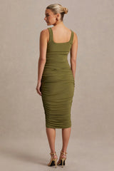 Lisbon | Olive Maternity Square Neck Ruched Midi Dress