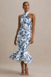 Sonoma | Blue Porcelain Print Halter-Neck Ruffle-Trim Midi Dress