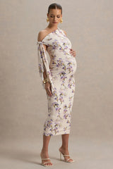 Katarine | Peach Floral Print Asymmetric Knot Maternity Midi Dress