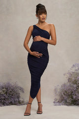 Late Night | Navy Maternity Ruched One Shoulder Midi Dress