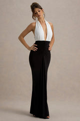 Payton | Black & White Ruched Halter-Neck Maxi Dress