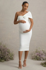 Admired | White Ruched One-Shoulder Maternity Midi Dress
