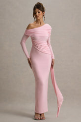 Valina | Pink Ruched Asymmetric Maxi Dress With Drape