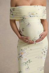 Cindy | Lemon Floral Bouquet Print Bardot-Neck Maternity Maxi Dress With Ruched Detail