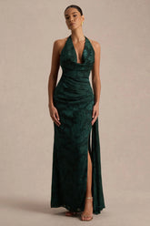Talula | Dark Green Extreme Plunge-Neck Maxi Dress With Sash And Front-High Split