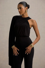Asra | Black High-Neck Flared-Leg Jumpsuit With Cape Sleeve
