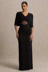 Zinnie | Black Cape-Sleeve Maxi Dress With Mesh Panel