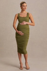 Lisbon | Olive Maternity Square Neck Ruched Midi Dress