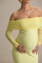 Pretty Perfect | Lemon Maternity Ruched Mesh Bardot Maxi Dres