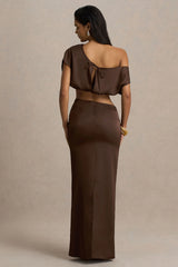 Megan | Brown Satin Wrap Maxi-Skirt With Ruched Detailing
