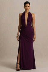 Tilly | Burgundy Extreme Plunge-Neck Maxi Dress With Wrap And Ruched Details