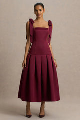 Alberta | Burgundy Satin Midi Dress With Bow Straps