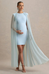 Charlene | Powder Blue High-Neck Maternity Mini Dress With Mesh Cape