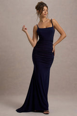 Adele | Navy Backless Ruched Fishtail Cami Maxi Dress