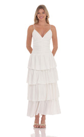 Ruched Ruffle Eyelet Maxi Dress in White