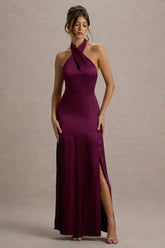 Sansa | Burgundy Satin Cross Halter-Neck Plisse Maxi Dress