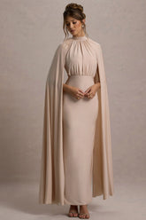 Darielle | Champagne High-Neck Cape-Sleeve Maxi Dress