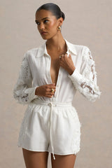 Coconut | Ecru Linen Button-Up Shirt With Lace Detail