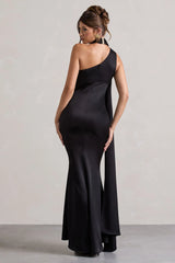 Sancia | Black Satin Asymmetric Maxi Dress With Sash