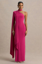 Amal | Hot Pink Asymmetric-Neck Maxi Dress With Scarf and Cape Detail