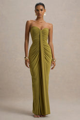 Ali | Olive Sweetheart Ruched Wrap Maxi Dress