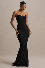 Talisa | Black Ruched Fishtail Maxi Dress With Mesh Hem