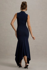 Janice | Navy High-Neck Hanky-Hem Maxi Dress