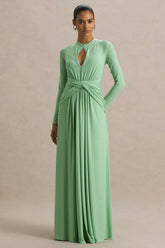 With Me | Green High-Neck Maxi Dress With Ruched Detailing