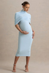 Augustina | Powder Blue Maternity Midi Dress With Cape