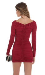 Ruched Long Sleeve Bodycon Dress in Maroon