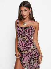 Danita Off Shoulder Frill Mini Dress Pink Animal Multi