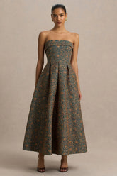 Loretta | Dark Green And Rust Embroidered Bandeau-Neck Midi Dress