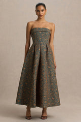 Loretta | Dark Green And Rust Embroidered Bandeau-Neck Midi Dress