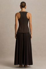Kelly | Brown Scoop-Neck Maxi Dress With Mesh And Pleated Detailing