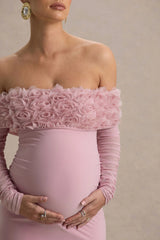 Adita | Blush Pink Mesh Floral Bardot Maternity Midi Dress