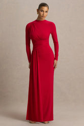 Virelle | Red Boat-Neck Maxi Dress With Drop-Waist