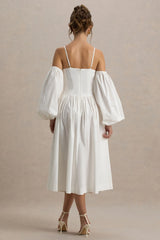 Macie | Cream Sweetheart Midi Dress With Balloon Sleeves