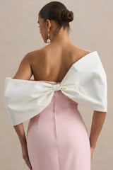 Lucille | Rose Pink & White Asymmetric Bardot Midi Dress