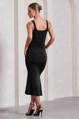 Evora | Black Ruched Square-Neck Midi Dress