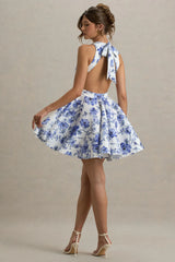 Waverly | Blue Floral Racer-Neck Sleeveless Skater Mini Dress