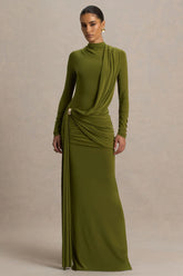 Melissa | Olive Long-Sleeve Wrap Maxi Dress With Ruched Detailing
