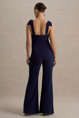 Impeccable | Navy Sweetheart Bow Strap Maternity Jumpsuit