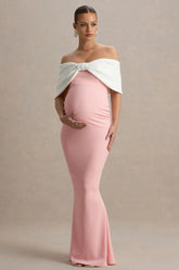 Libra | Pink & White Bow Bardot Maternity Maxi Dress