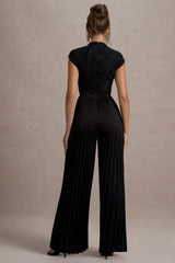Tanner | Black Cap-Sleeve Plisse Wide-Leg Jumpsuit
