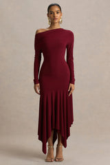 Isola | Burgundy Asymmetric-Neck Midi Dress With Drop-Waist