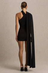 Arianne | Black Asymmetric-Neck Mini Dress With Scarf Detail