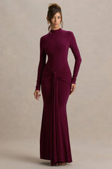 Pietra | Berry High-Neck Long Sleeve Knot Maxi Dress