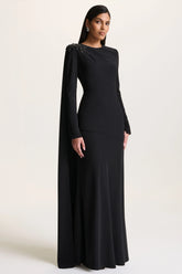 Reese | Black High-Neck Maxi Dress With Embellished Detail and Sash
